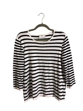 Edinburgh Knitwear Black‎ & White Striped 3/4 Sleeve Top Pima Cotton Large